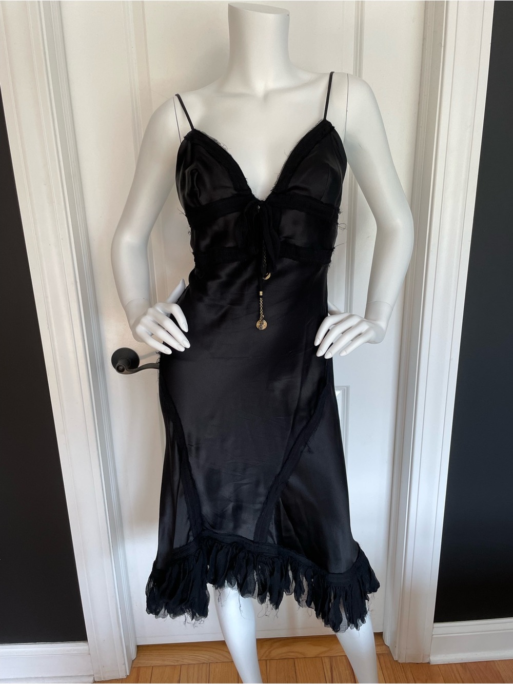 ROBERTO CAVALLI S/S 2004 Vintage Corset Black Silk Ruffle Midi Slip Dress S - Picture 3 of 11